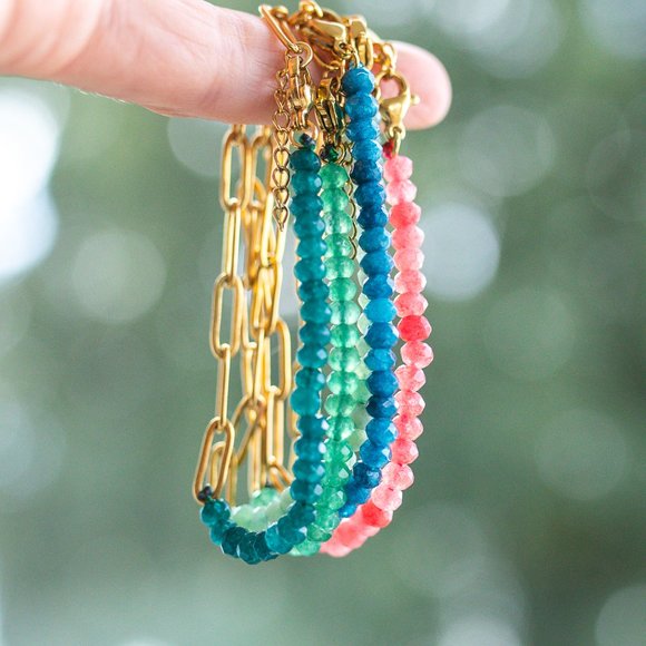 Half Blue Apatite Beaded Gemstone Bracelet Half Gold Paperclip Chain WATERPROOF - Picture 5 of 8